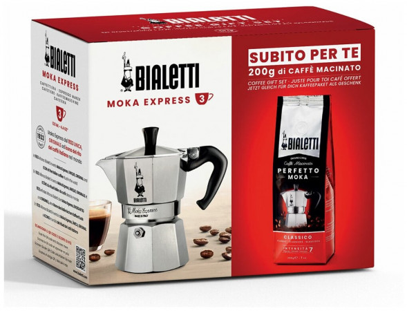 Набор Bialetti Moka Express 3 порций + молотый кофе Classico 250г